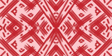 Grunge kırmızı arkaplan dokusu simetrik, geometrik, halı, ikat. Soyut vektör arkaplanı