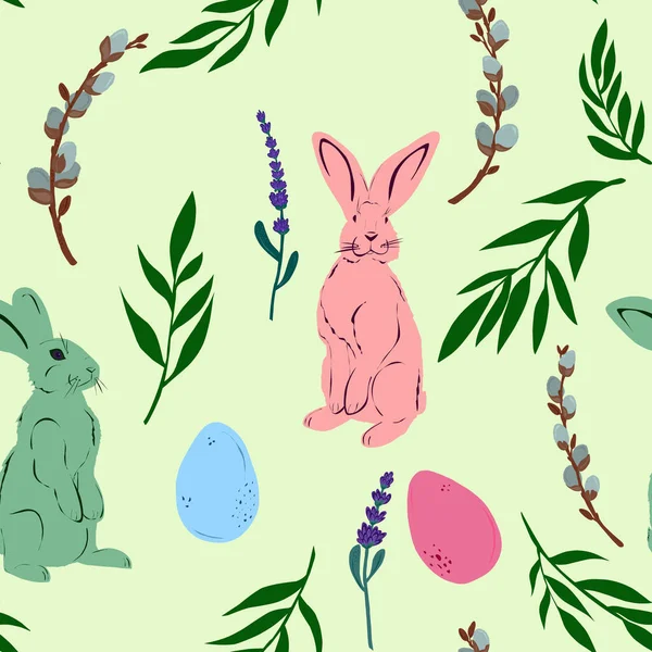Пасхальні Кролики Яйця Плоский Стиль Ілюстрації Векторний Безшовний Візерунок — стоковий вектор