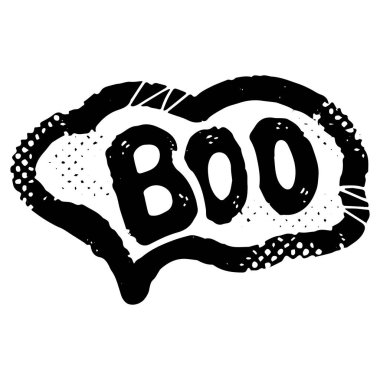 Buluttaki Boo yazısını eski püskü bir dokuya sahip linocut şeklinde. Cadılar Bayramı dekoru. vektör ögesi