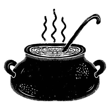 Cadıların Linocut stili bir kazanı ve eski püskü bir dokusu var. Cadılar Bayramı dekoru. Vektör ögesi.