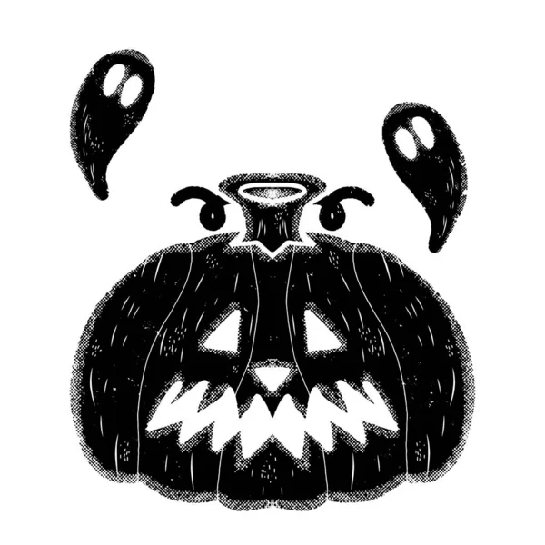 Evil Pumpkin Ghosts Linocut Style Shabby Texture Halloween Decor Vector — Stock Vector