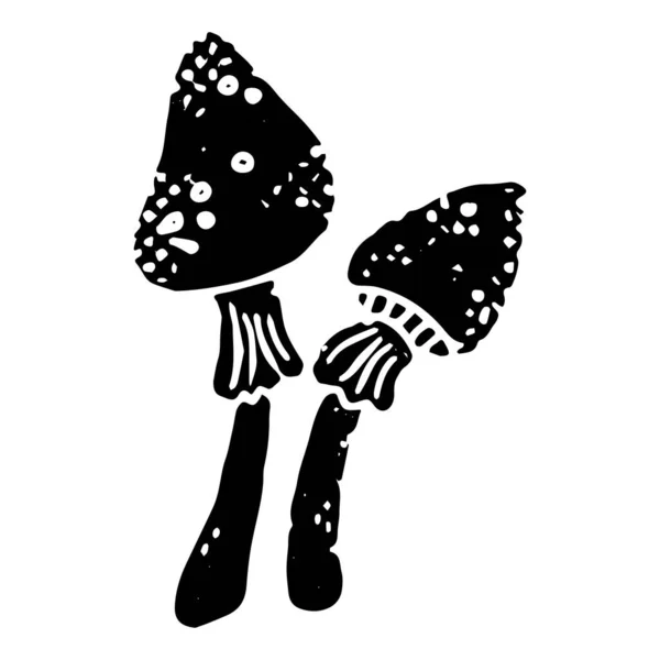 Amanita Mushrooms Linocut Style Shabby Texture Halloween Decor Vector Element — Stock Vector