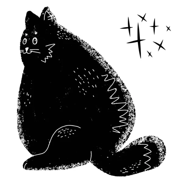 Gato Negro Graso Estilo Linograbado Con Textura Malhumorada Elemento Vector — Archivo Imágenes Vectoriales