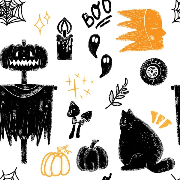 Patrón Temático Halloween Espantapájaros Gatos Calabazas Setas Velas Etc Patrón — Vector de stock