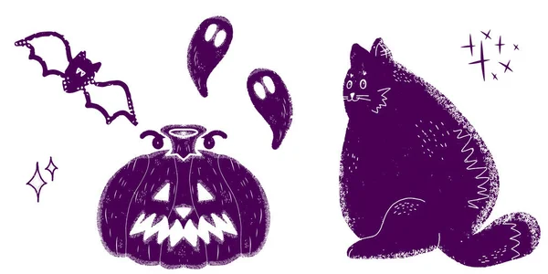 Fet Katt Läskig Pumpa Och Spöken Halloween Illustrationer Grafiska Texturelement — Stock vektor