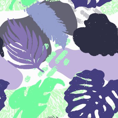 Renkli, renksiz desen, tropikal yapraklar ve soyut doku elementleri. Vektör tasarımı. Orman. Baskı ve tekstil. Egzotik tropik yerler. Yaz