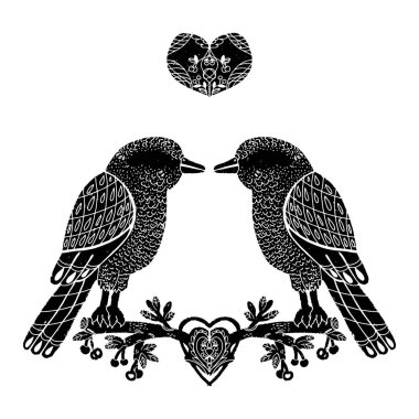 Bir çift kuş. Grafikler, linocut, kırsal dokular. Vektör ögesi.