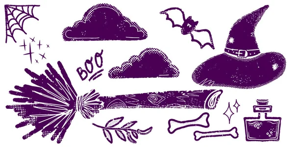 Escoba Sombrero Bruja Nubes Murciélago Huesos Veneno Decoración Halloween Conjunto — Vector de stock