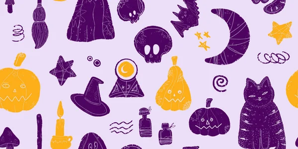 Décor Fête Halloween Citrouilles Chat Crâne Balai Balle Chapeau Poison — Image vectorielle