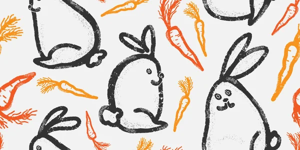 Стилізовані Кролики Морква Текстура Лінії Мистецтва Векторний Безшовний Візерунок — стоковий вектор