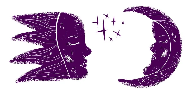 彗星和新月形 奇幻生物的脸在Linocut风格 矢量集 — 图库矢量图片