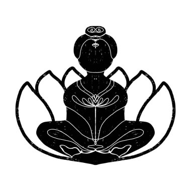 Lotus çiçeğinin içindeki adam pozisyonu. Linocut stilinde resim. Desen için vektör dokusu ögesi