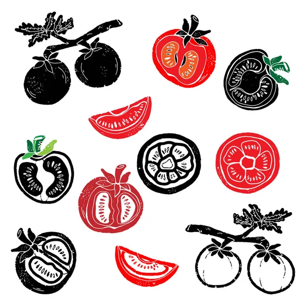 Ντομάτες Εικονογράφηση Στυλ Linocut Σετ Διανυσματικής Υφής Στοιχείων Για Σχεδιασμό — Διανυσματικό Αρχείο