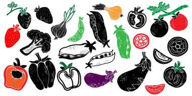 Farklı sebzeler, hasat, sonbahar. Doku yalıtılmış grafik elementler. Vektör seti, koleksiyon.