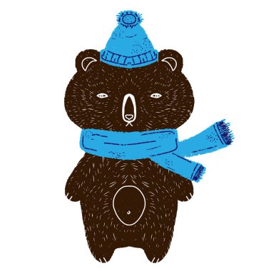 Mavi şapkalı ve atkılı kahverengi ayı. Vektör ögesi.