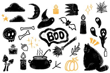 Pejmürde desenli linocut tarzı bir cadılar bayramı. Elementlerin vektör koleksiyonu