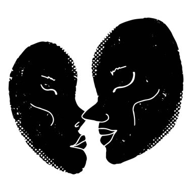 Yüz maskeleri. Linocut, grafikler, kırsal. Eski püskü bir kumaş. Tasarım için vektör siyah ögesi