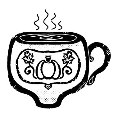 Bardakta sıcak içki. Linocut, grafikler, kırsal. Eski püskü bir kumaş. Tasarım için vektör siyah ögesi