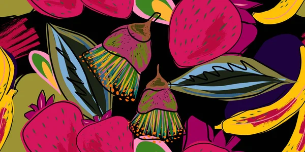 Stilizált Trópusi Gyümölcsök Növények Lapos Stílusban Vektor Zökkenőmentes Átfedés Ismétlődő — Stock Vector