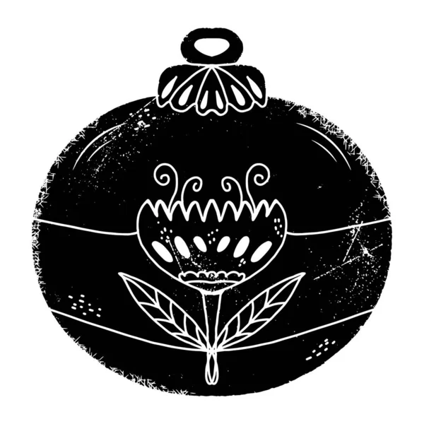 花を持った新年のボール リノカット グラフィック シャビーの古いテクスチャー デザインのためのベクトルブラックエレメント — ストックベクタ