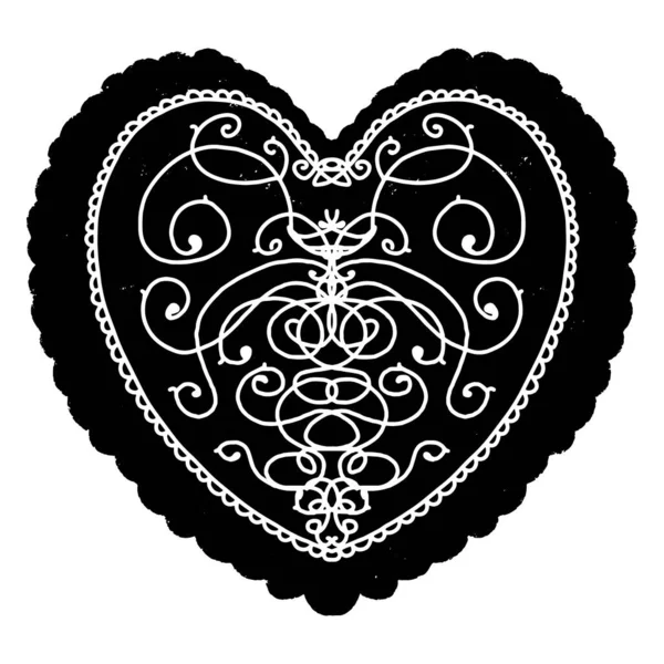 Coeur Avec Ornement Carte Saint Valentin Linocut Graphisme Rustique Vieille — Image vectorielle