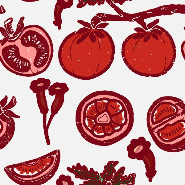 西红柿和鲜花 图形花卉图案 纺织品 矢量重叠无缝模式 — 图库矢量图片