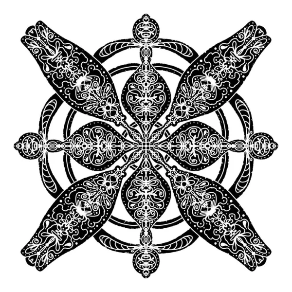 Durchbrochene Stilisierte Schneeflocke Mit Muster Mandala Kaleidoskop Linolschnitt Grafik Rustikal — Stockvektor