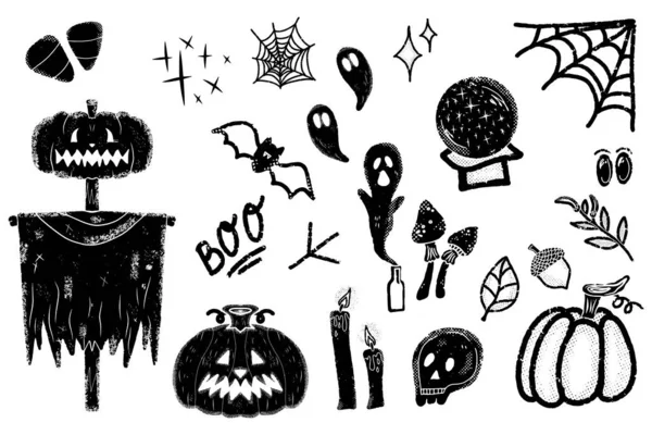 Halloween Conjunto Elementos Gráficos Linograbado Vector Elementos Negros — Vector de stock