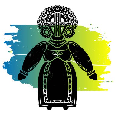 Motanka bebeği arka planda bir gradyan noktaya karşı. Grafik sanatları. Vektör dokusu ögesi.