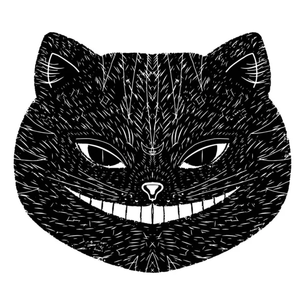 Gato Cheshire Cara Gato Sonriente Gráficos Linograbado Elemento Negro Textura — Archivo Imágenes Vectoriales