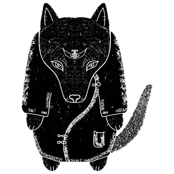 Wolf Een Kimono Linocut Cartoon Grafiek Vector Element — Stockvector