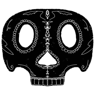 Skull with Santa Muerte patterns. Graphics, stylization, linocut. Vector element.	