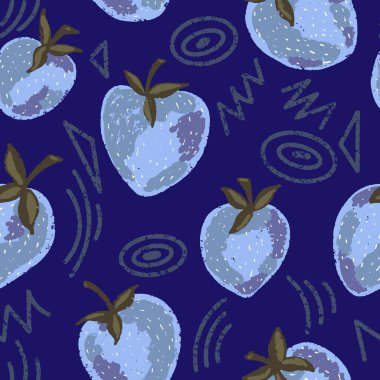 Komik unsurları olan sulu çilekler. Kalem dokusu, pastel, guaj. Üst üste binen vektör kusursuz desen.