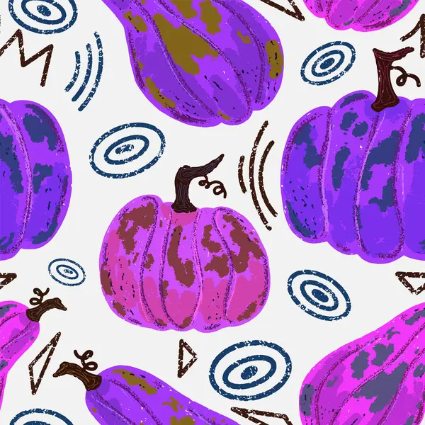 Фіолетові Гарбузи Кумедними Елементами Текстура Олівець Пастель Гуаш Векторний Безшовний — стоковий вектор