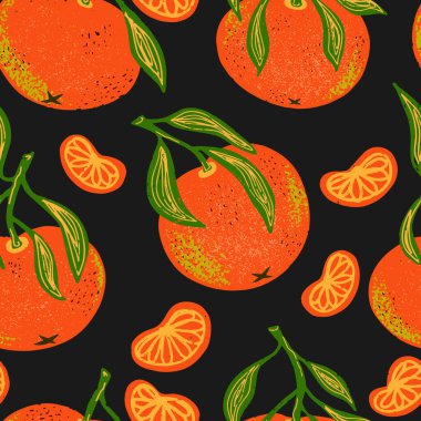 Dilimler ve yapraklarla sulu, olgun mandalina. Tropik egzotik meyve. Kalem dokusuyla çizilmiş bir el. Vektör Kusursuz desen.