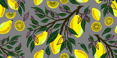 Limonlar, limonlar, turunçgiller. Tropik egzotik desen. Çizgi film tarzı. El yapımı elementler. Vektörsüz çakışma deseni.