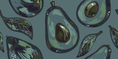 Avokado desenli. Tropik egzotik desen. Çizgi film tarzı. El yapımı elementler. Vektörsüz çakışma deseni.