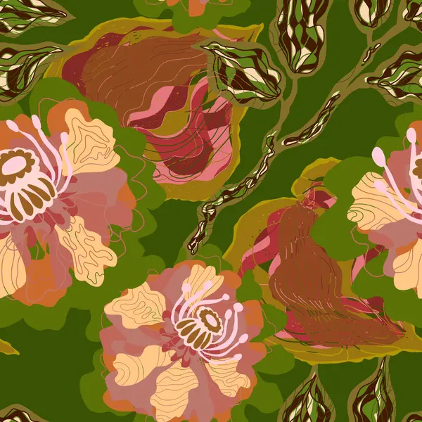 Мозаїка Стилізована Квітучими Квітами Листям Японському Стилі Векторний Безшовний Візерунок — стоковий вектор