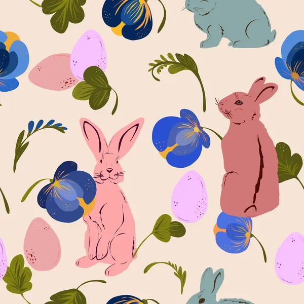 Великодні Кролики Яйця Стилізовані Квіти Намальовані Вручну Векторний Безшовний Візерунок — стоковий вектор