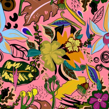 Düzleştirilmiş çiçekler düz stil el çizimi vektör pürüzsüz desen. Retro biçimi