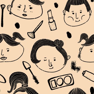 Kızların ve kozmetik ürünlerinin doku karalamaları, portreler. Çizgi film tarzı. El yapımı elementler. Vektörsüz çakışma deseni.