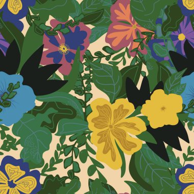 Düzleştirilmiş çiçekler düz stil el çizimi vektör pürüzsüz desen. Retro biçimi