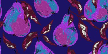 Dokulu armutlar. Meyve deseni. Çizgi film tarzı. El yapımı elementler. Vektörsüz çakışma deseni.