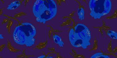 Yapraklı nar. Doku meyveleri. Organik desenli bitki. Çizgi film tarzı. El yapımı elementler. Vektörsüz çakışma deseni.