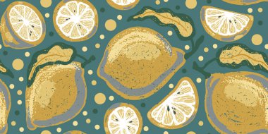 Limonlar, limonlar, turunçgiller. Tropik egzotik desen. Çizgi film tarzı. El yapımı elementler. Vektörsüz çakışma deseni.