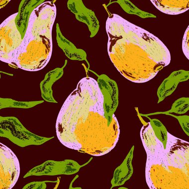 Dokulu armutlar. Meyve deseni. Çizgi film tarzı. El yapımı elementler. Vektörsüz çakışma deseni.