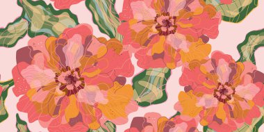 Mozaik, çiçek ve yaprakları Japon stili vektörsüz bahar motifleri süsledi. Retro biçimi.