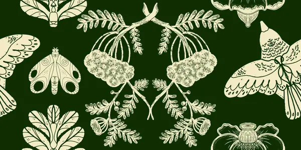 Bitkiler ve kuşlar. Doğal İskandinav deseni. Linocut stilinde grafiksel doku ögeleri. Vektörsüz üstüste binen kalıp arka plan duvar kağıdı kumaşı.