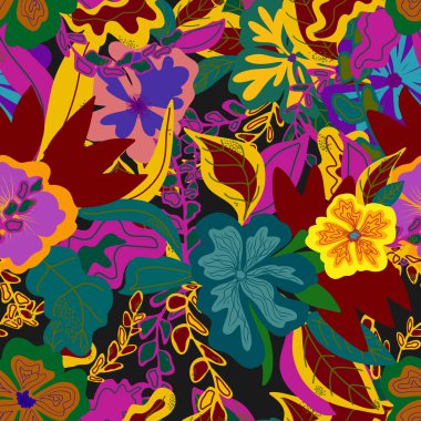 Düzleştirilmiş çiçekler düz stil el çizimi vektör pürüzsüz desen. Retro biçimi