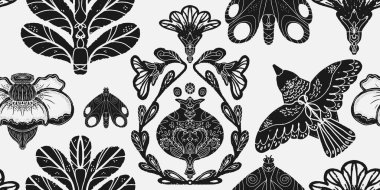 Bitkiler ve kuşlar. Doğal İskandinav deseni. Linocut stilinde grafiksel doku ögeleri. Vektörsüz üstüste binen kalıp arka plan duvar kağıdı kumaşı.